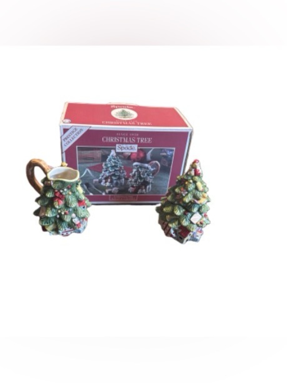 Spode Green Christmas Tree sugar & creamer Red and Gold Accents